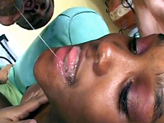 Black dude pushes his big rod in mouth of cute ebony teen